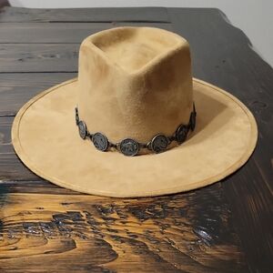 Tan Wide Brim Hat with Decorative Band